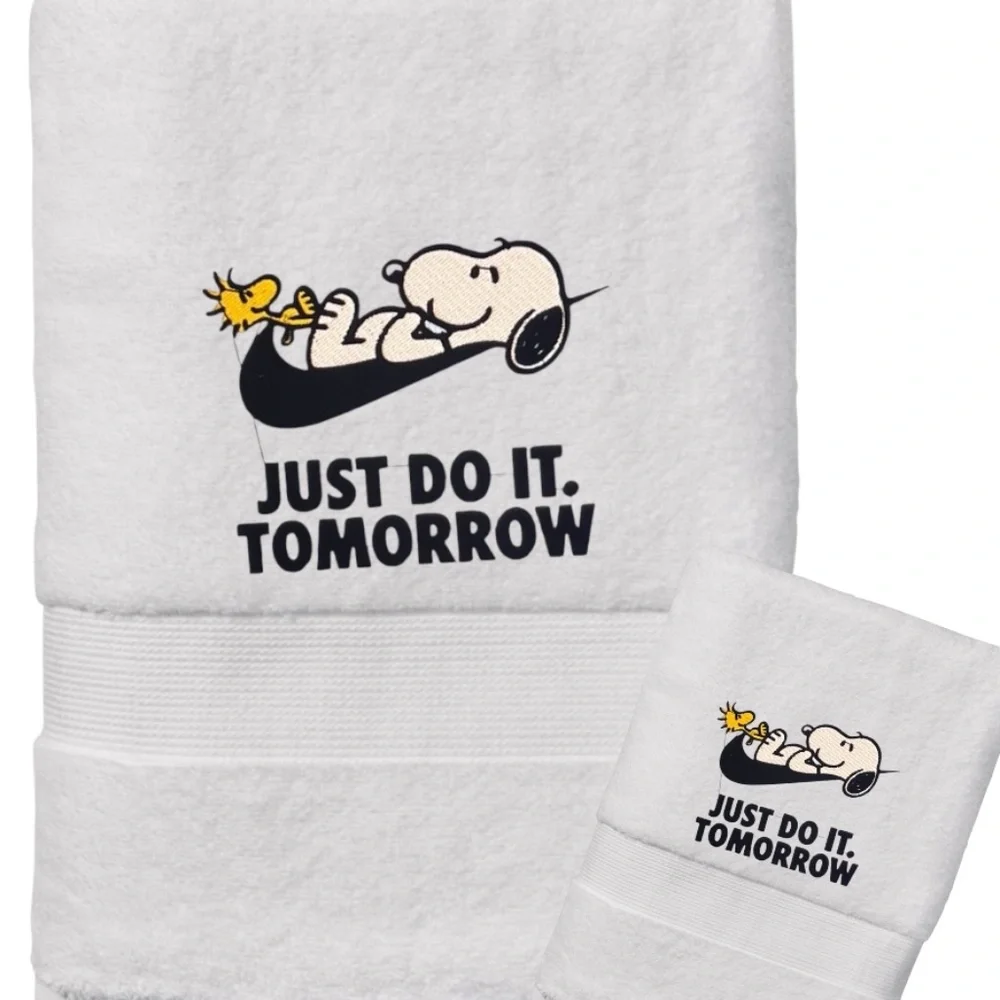 Hand Snoopy Peanuts Embroidered 2 hand towels l White Just do it tomorrow